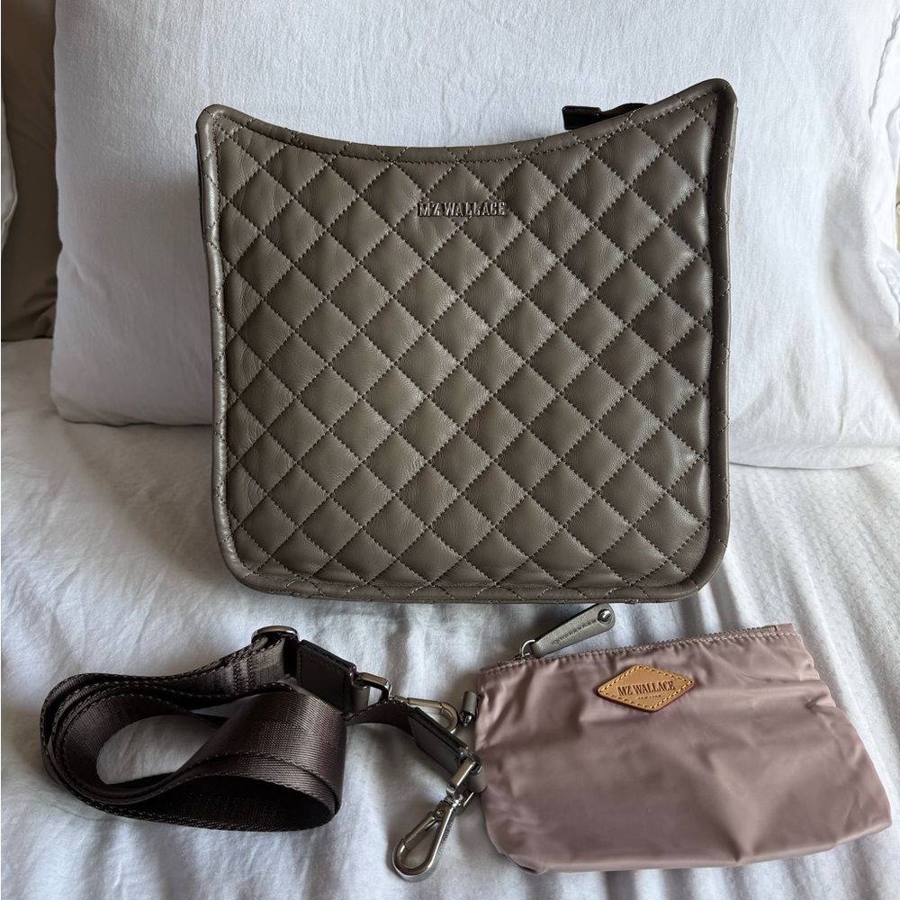 MZ WALLACE Box Crosby Crossbody Leather Bag in Dove with silver tone hardware